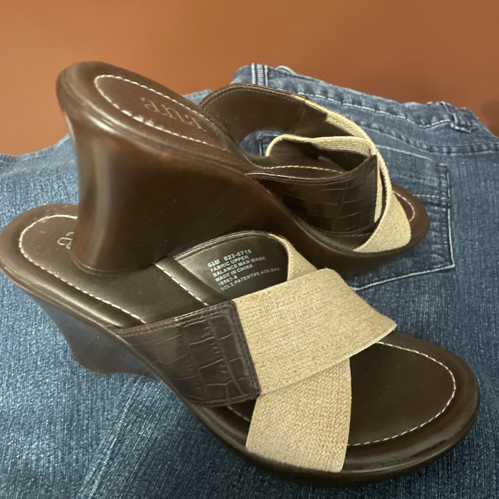 a.n.a Brown and Tan Wedge Sandals with Cross-Strap Design